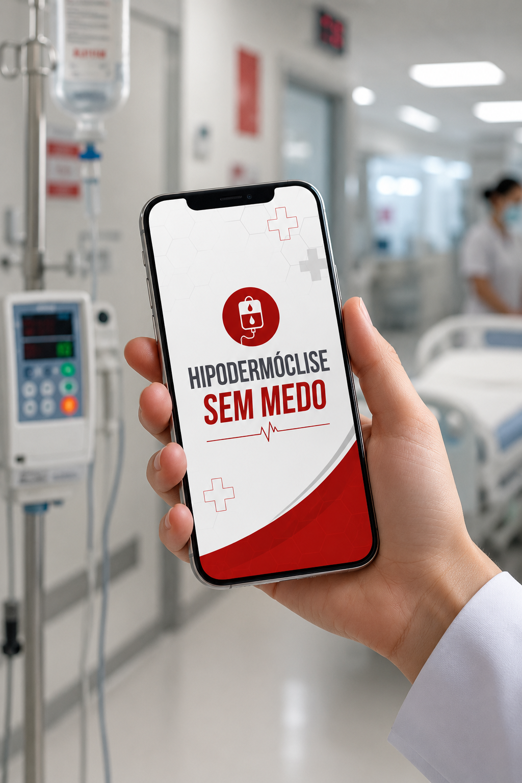 Aplicativo Hipodermóclise Sem Medo aberto em um corredor hospitalar